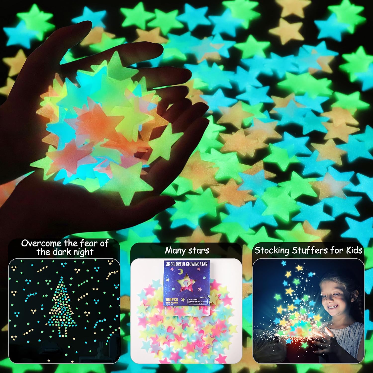 100-Piece Multicolor Glow-in-the-Dark Plastic Star Decals