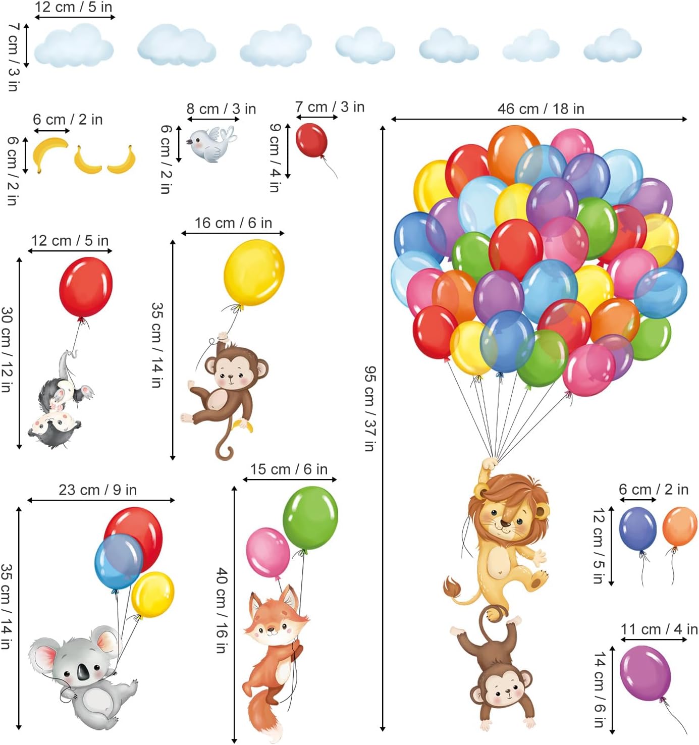 Forest Animal Balloon Wall Decals: Monkey, Lion, Koala