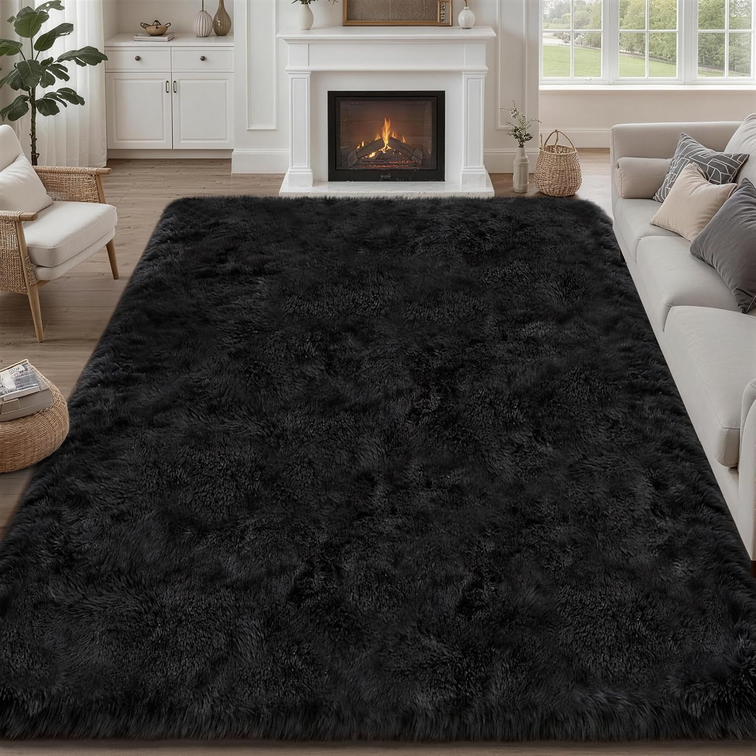 Black 8x10 Fluffy Shag Area Rug for Kids' Rooms & Nurseries