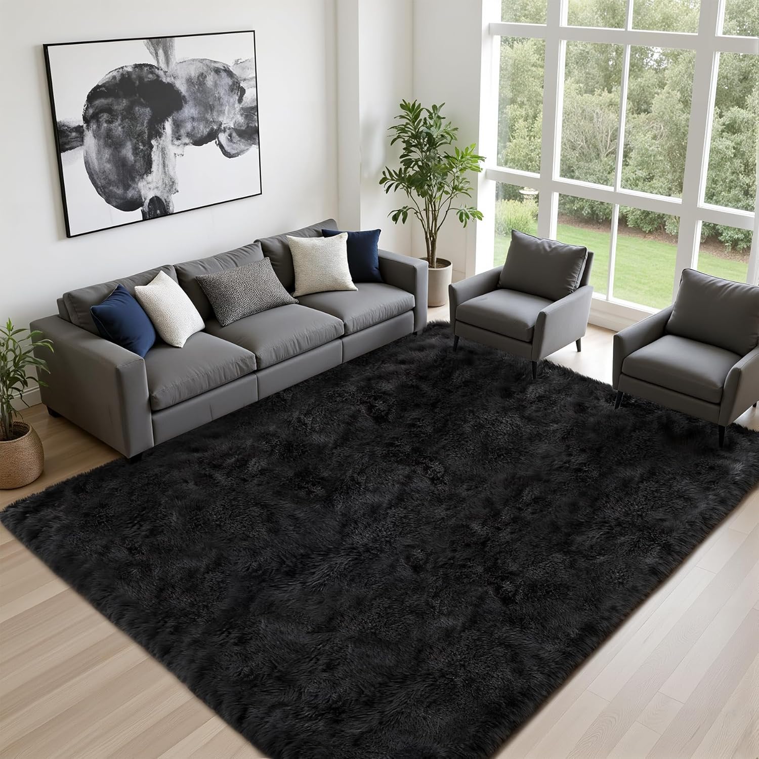 Black 8x10 Fluffy Shag Area Rug for Kids' Rooms & Nurseries