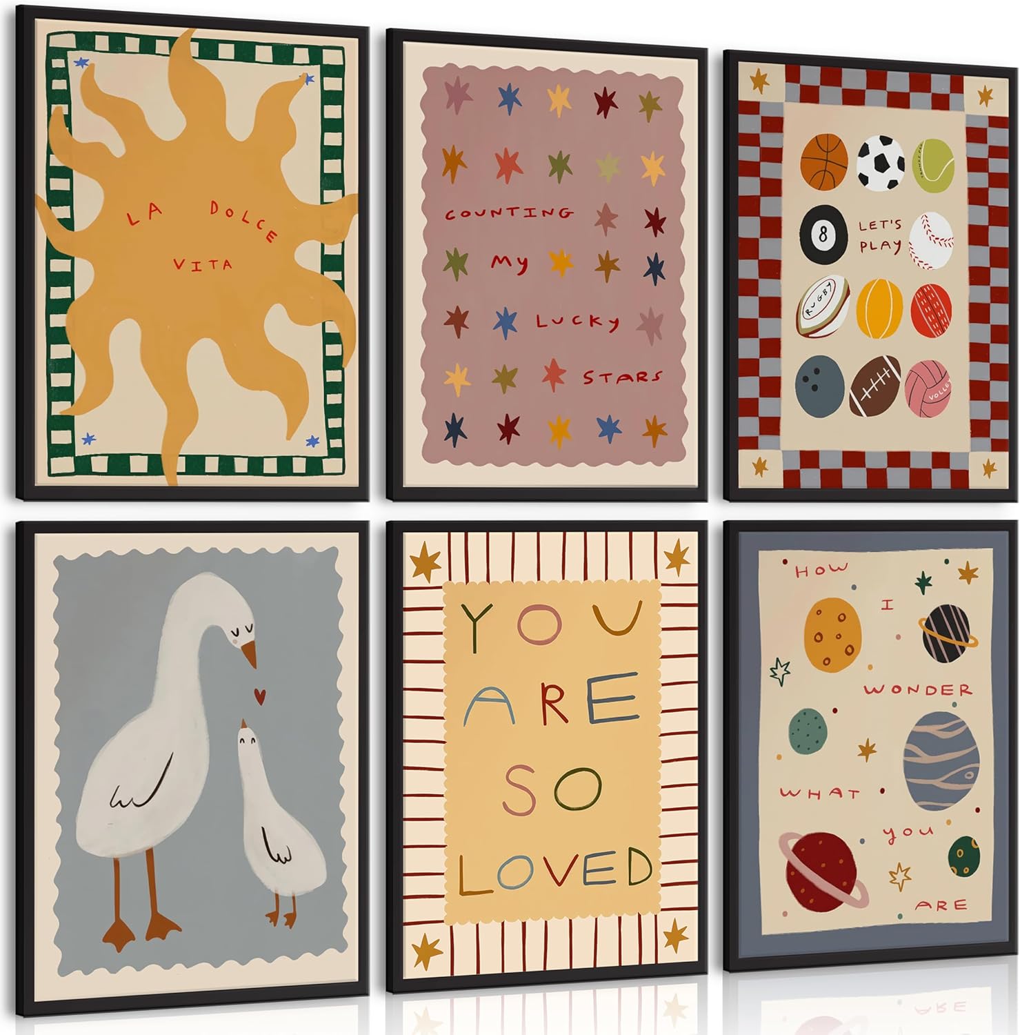 MJVCFWNS 6-Piece Kids Inspirational Cartoon Wall Art, 8x10in Unframed