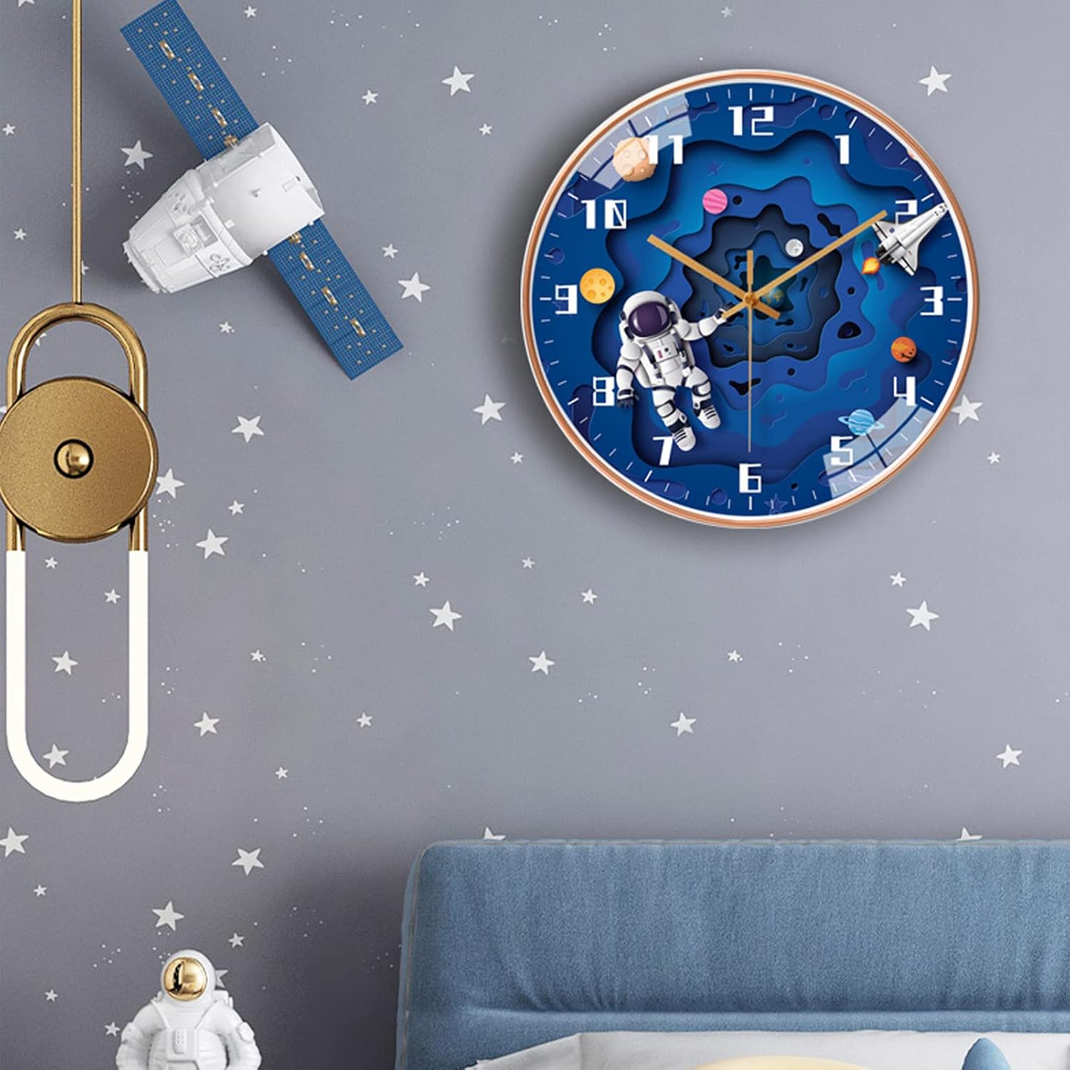 12-Inch Silent Space Travel Kids Wall Clock - Blue