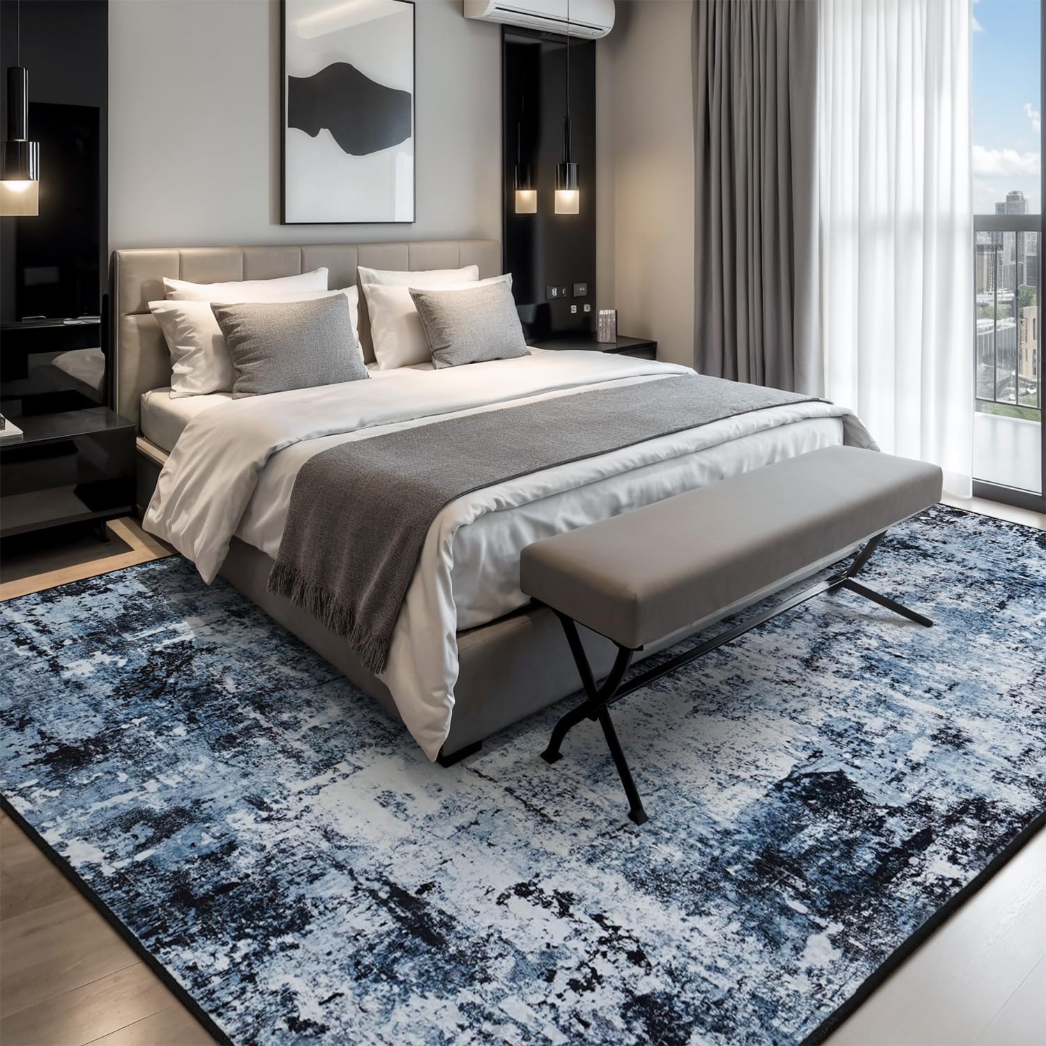 8x10 Washable Low Pile Area Rug in Navy Blue/Black