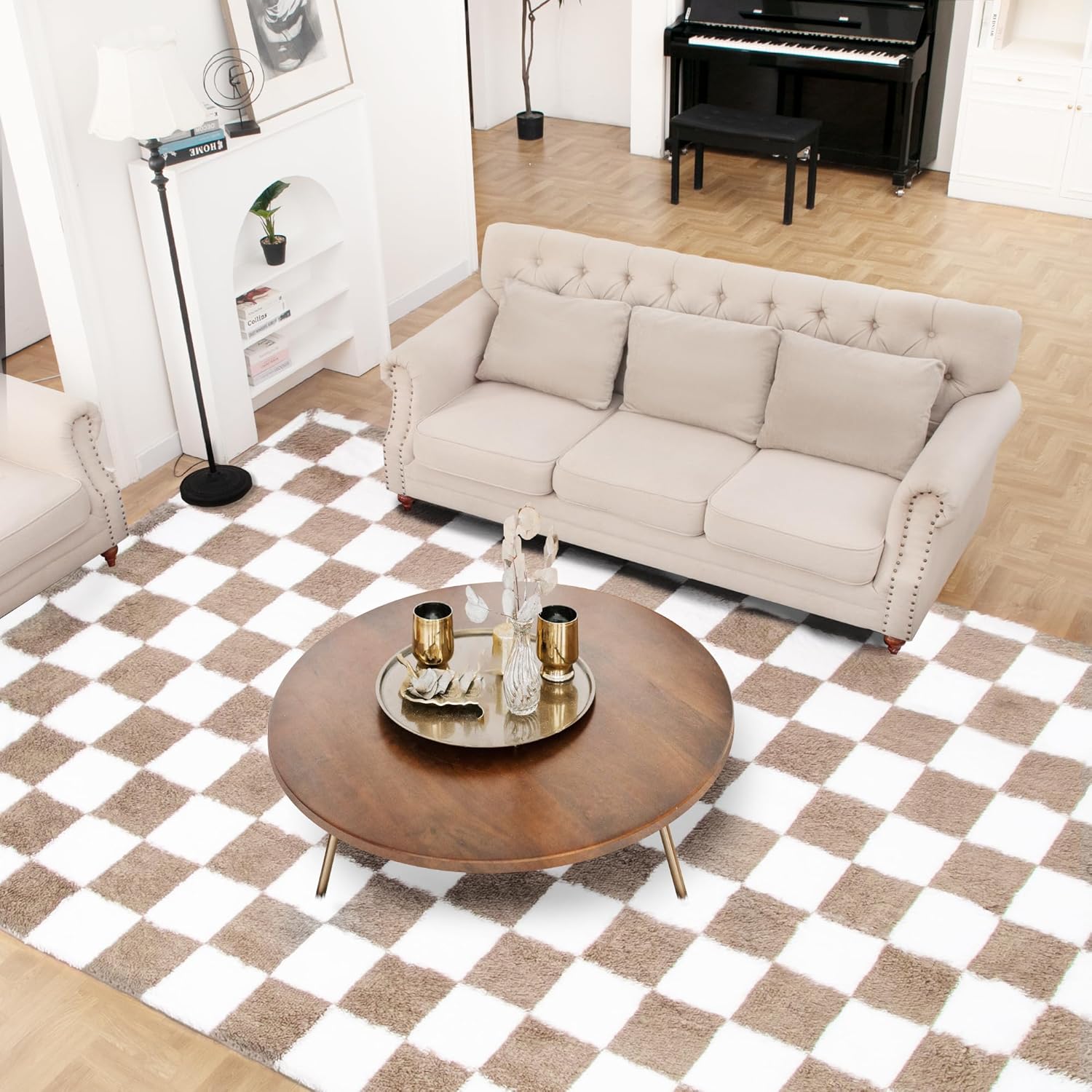 5x7 Ft Beige & White Classic Checkered Shaggy Area Rug