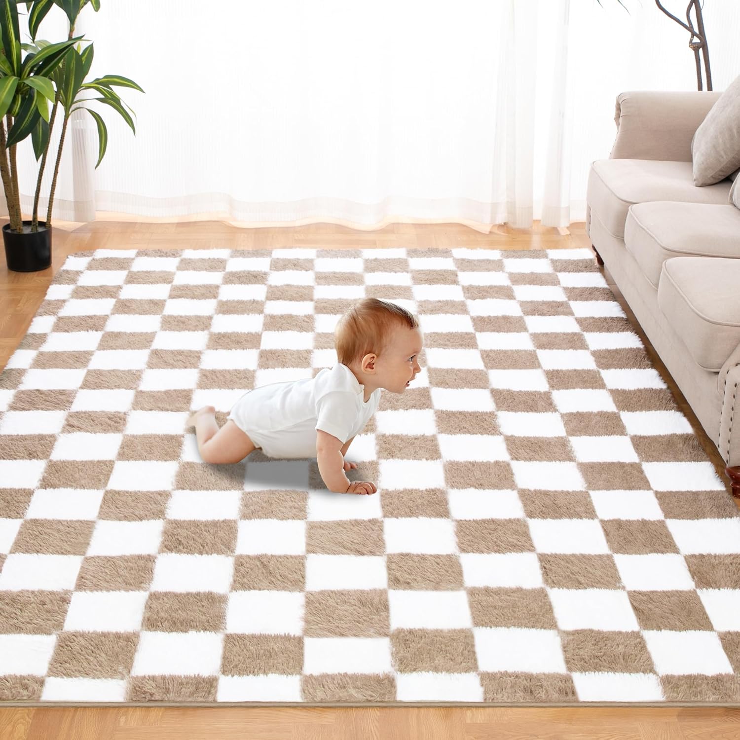 5x7 Ft Beige & White Classic Checkered Shaggy Area Rug